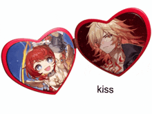 two red heart shaped mirrors with a girl and a boy on them and the word kiss below them