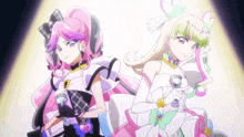 two anime girls are standing next to each other and one of them has the word justice on her shirt