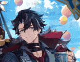 a man in a suit and tie is holding a cup of coffee and a sword .