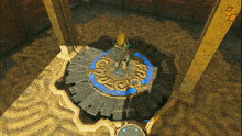 a video game character is standing on a circular platform with a shield