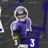 a football player in a purple uniform is holding a sign that says pit 3