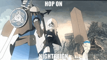 a cartoon of a man and a woman with the words hop on nightreign