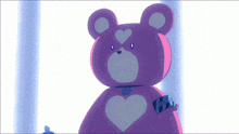 a purple teddy bear with a white heart on its chest