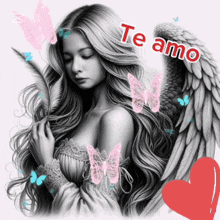 a black and white drawing of a woman with angel wings and the words te amo