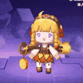 a cartoon girl is holding a key and a slice of orange