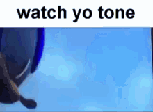 a penguin is swimming in the water with the words `` watch yo tone '' written above it .