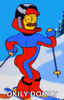 a cartoon character is skiing down a snow covered slope and says okily dokily .