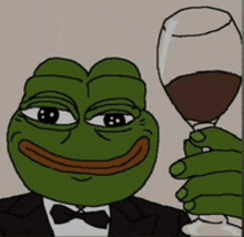 a green frog in a tuxedo holds a glass of wine