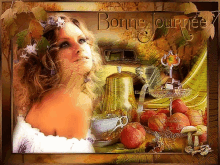 a picture of a woman with the words bonne journee written on it