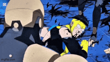 a man in a yellow and black superhero costume is fighting another man in a cartoon .