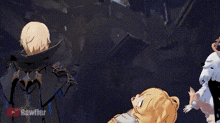 a video game character is standing next to another character and says let 's hurry up .