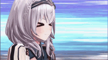 a girl with white hair and a braided headband is smiling in a video game