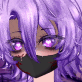 a girl with purple hair wearing a black mask with blood on it