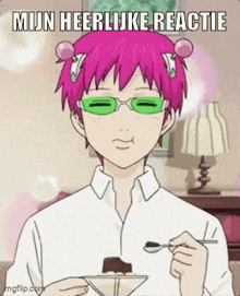 a cartoon character with pink hair and green glasses is eating a piece of cake with a spoon .