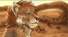 a painting of a lion with a very long mane