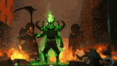 a green demon with horns is holding a scythe in front of a fire .