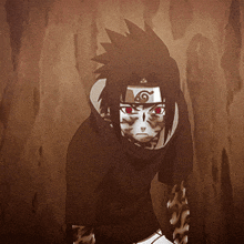 a cartoon character has a circle on his head and red eyes