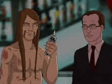 a man with long hair is holding a knife next to a man in a suit and tie