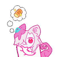 a cartoon drawing of a cat with a bread roll in a thought bubble