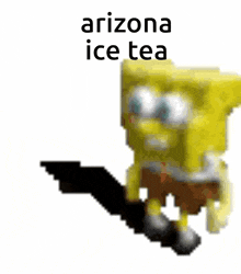 a pixelated image of spongebob holding a cup of arizona ice tea