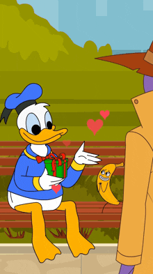 a cartoon of donald duck sitting on a bench holding a present