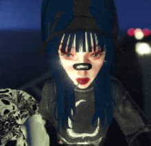 a girl with blue hair is wearing a black shirt with a crescent moon on it and a black hat