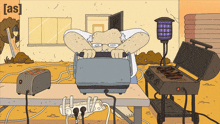 a cartoon drawing of a man using a toaster oven with the letters [ as ] on the bottom right