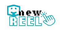 a logo that says ' new reel ' with a hand pointing