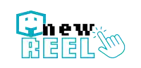 a logo that says ' new reel ' with a hand pointing