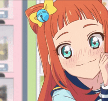 a girl with red hair and blue eyes has a bell on her hair