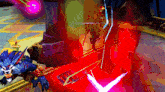 a video game scene with a purple lightning bolt and a wolf