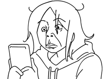 a black and white drawing of a woman looking at her cell phone