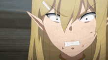a close up of a blonde anime character making a face