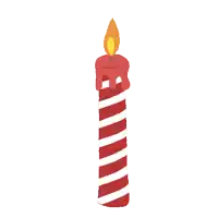 a red and white striped candle with a lit flame