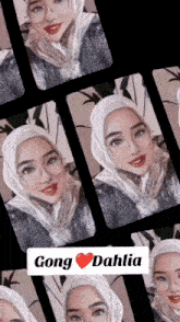 a woman wearing a hijab and glasses has gong dahlia written on the bottom of the image