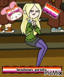 a cartoon of a girl sitting on a staircase with a sign that says lesbian pride