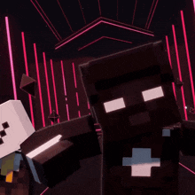 two minecraft characters are standing next to each other in front of a pink background