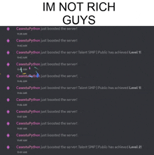 a screenshot of a discord channel with the words im not rich guys at the top