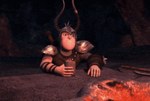 a cartoon character with horns is sitting in front of a fire holding a cup