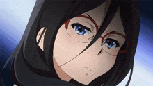 a close up of a girl wearing glasses with a blue eye