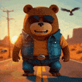a bear wearing sunglasses and a denim vest is standing on a road