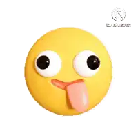 a yellow smiley face with big eyes sticking out its pink tongue