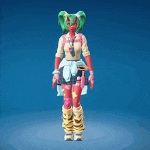 a girl with green hair and red arms is wearing a school uniform