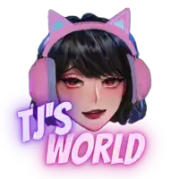 a girl wearing cat ears and headphones with the words tj 's world behind her