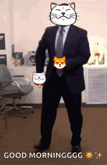 a man in a suit and tie with a cat face on his head says good morningggg