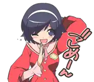 a cartoon of a girl in a red dress with a sticker that says ' i 'm sorry ' on it