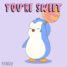 a penguin holding a lollipop with the words " you 're sweet " below it