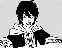 a black and white drawing of a young man with long black hair .