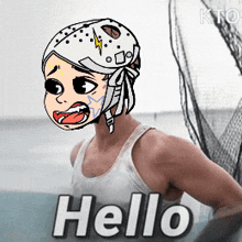 a cartoon drawing of a man with a helmet and the words hello below him