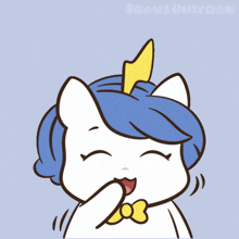 a white unicorn with blue hair and a yellow horn